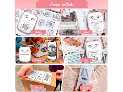 Imprimante portable thermique Bluetooth - Modèle Cat - Coloris Rose